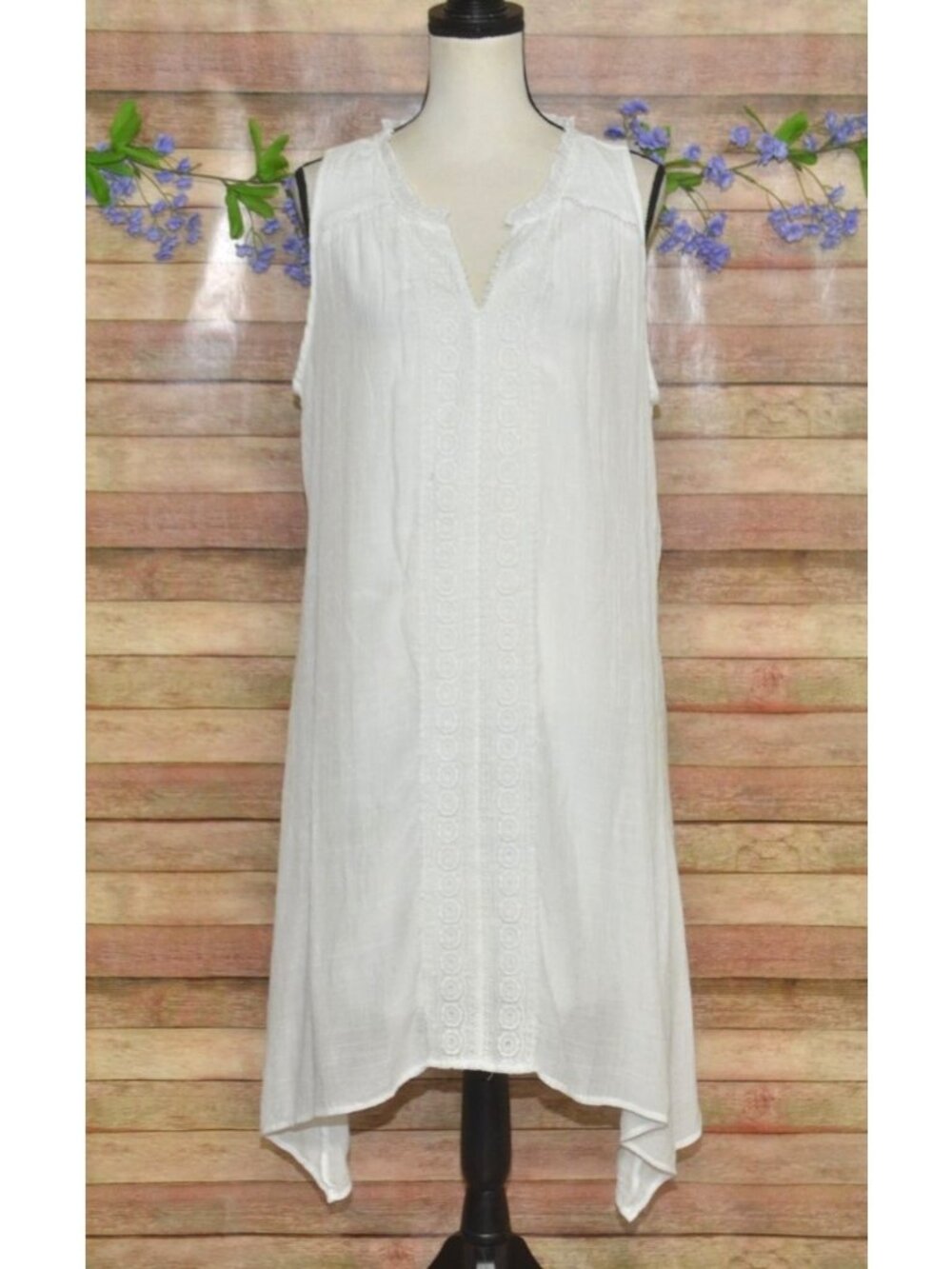 Fyve Sleeveless Crochet Lace Gauze Midi Dress 1X White Boho Handkerchief Hem